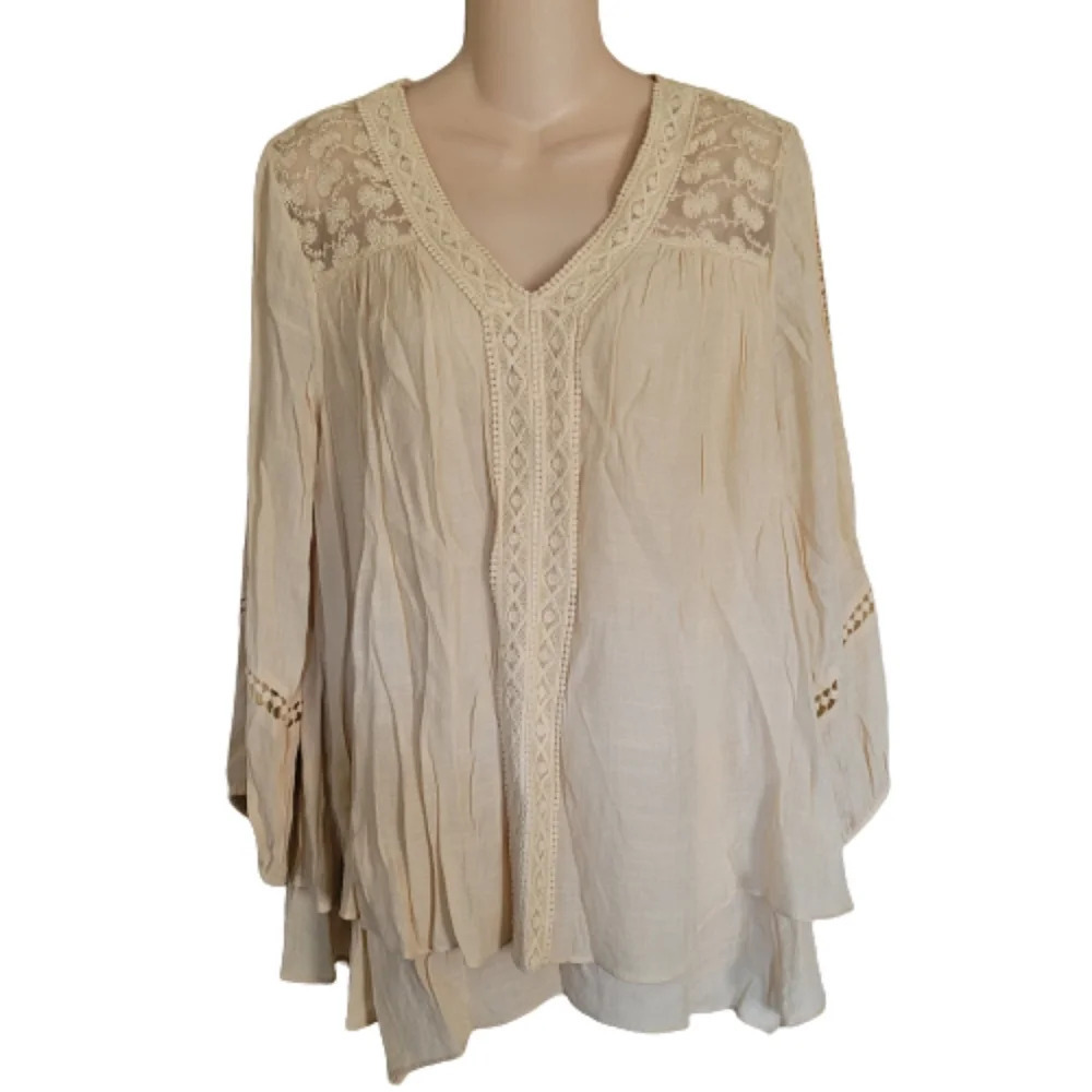 John Paul Richard Boho Lace Peasant Beige Blouse Top Size Women's Medium